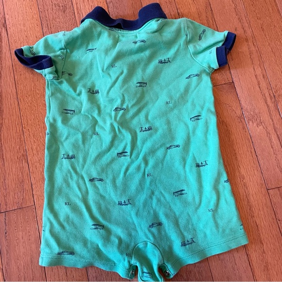Baby boys Ralph Lauren boys romper green and navy RL print. 12 month - Picture 2 of 3